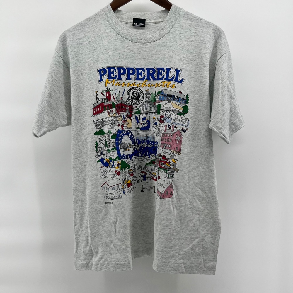 Vintage 1992 Screen Stars Pepperell Massachusetts Map T-Shirt XL Gray USA Made